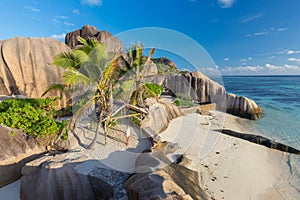 Dramatic sunset at Anse Source d`Argent beach, La Digue island, Seychelles