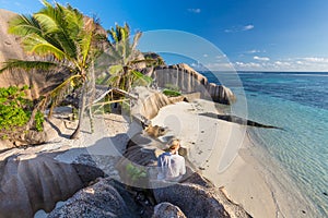 Dramatic sunset at Anse Source d`Argent beach, La Digue island, Seychelles