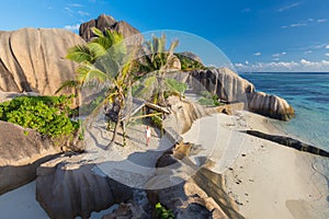 Dramatic sunset at Anse Source d`Argent beach, La Digue island, Seychelles