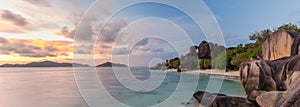 Dramatic sunset at Anse Source d`Argent beach, La Digue island, Seychelles