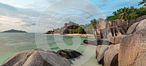 Dramatic sunset at Anse Source d`Argent beach, La Digue island, Seychelles