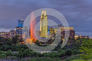 Dramatic Sunset with beautiful skyline over downtown Omaha Nebraska