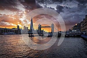 A dramatic sunset behind the London skyline, United Kingdom