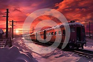 dramatic sunset behind the polar express train in winter