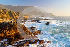 Dramatic Sunset on Big Sur coast, Garapata State Park, near Monterey, California, USA