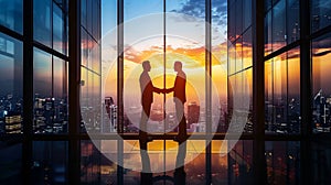 Dramatic sunset cityscape backdrop with silhouettes of two business people shaking hands in an office