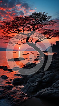 Dramatic sunset with clouds above silhouetted trees on a rocky shore