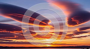 Dramatic Sunset Clouds Orange Sky, Lenticular Cloudscape