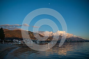 Dramatic sunset clouds over Tivat mountains on Adriatic coast, Montenegro