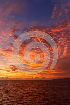 Dramatic sunset clouds over water landscape