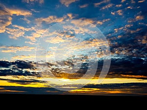 Dramatic sunset clouds and sun at sky