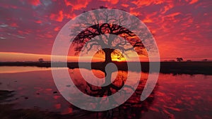 A dramatic sunset illuminates the silhouette of the tree emphasizing the beauty and inevitability of both life and death