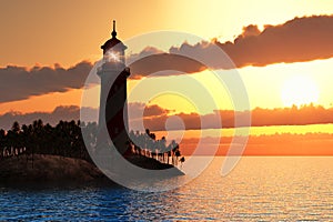 Dramatic sunset with lighthouse on island in sea