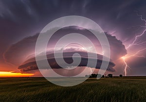 Dramatic sunset with lightning strike and storm cloud