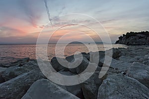 Dramatic sunset over the Adriatic sea. Makarska Riviera, Croatia