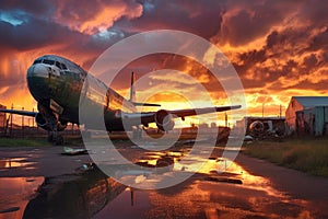 dramatic sunset over airplane graveyard landscape