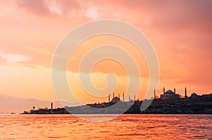 Dramatic Sunset over Blue Mosque and Hagia Sophia, Istanbul - Tu