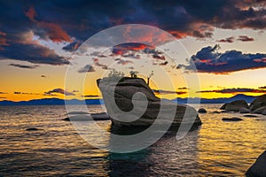 Dramatic sunset over the Bonsai Rock of Lake Tahoe, Nevada