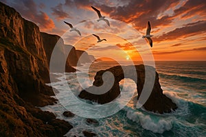 Dramatic Sunset Over Coastal Sea Arch and Cliffs with Flying Seagulls AI-GENERATED