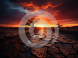 Dramatic sunset over cracked earth