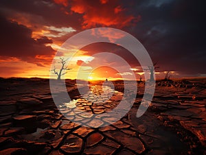 Dramatic sunset over cracked earth