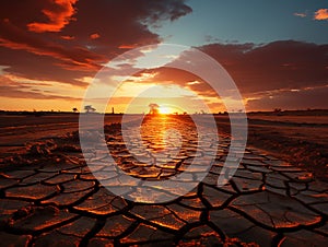 Dramatic sunset over cracked earth