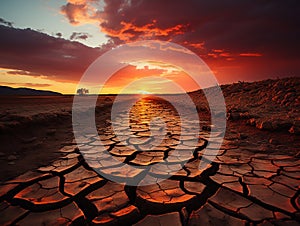 Dramatic sunset over cracked earth