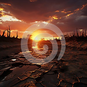 Dramatic sunset over cracked earth