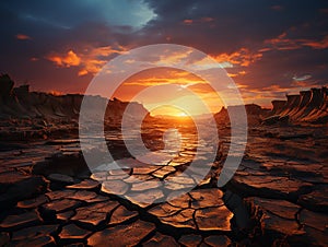 Dramatic sunset over cracked earth