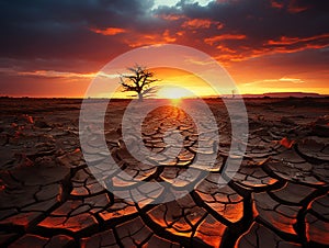 Dramatic sunset over cracked earth