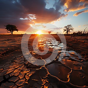 Dramatic sunset over cracked earth