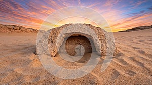 Dramatic sunset over desert cave