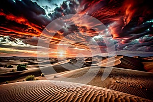Dramatic sunset over desert dunes