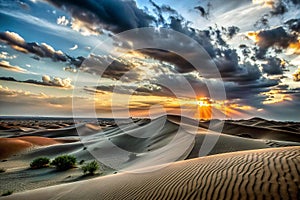 Dramatic sunset over desert dunes