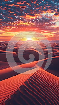 Dramatic sunset over desert dunes