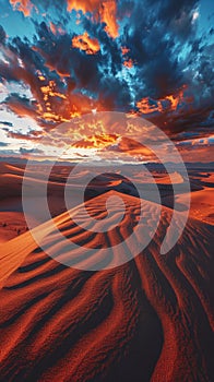 Dramatic sunset over desert dunes