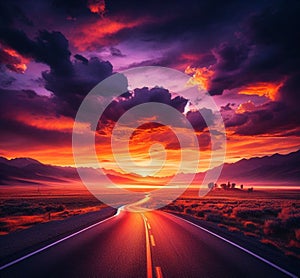 Dramatic sunset over an empty road