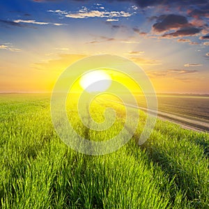 Dramatic sunset over a fields