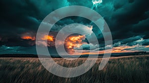 Dramatic Sunset Over Fields Surrounded by Dark Clouds and Warm Colors in the Sky