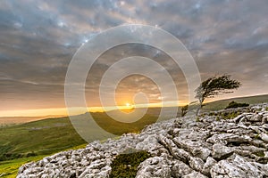 Dramatic Sunset Over Limestone Pavements Of Twistleton Scar In North Yorkshire, UK.