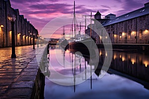 Dramatic sunset over the marina in the old town of Edinburgh, Scotland, Old Leiths Docks at Twilight. Edinburgh, Scotland, AI