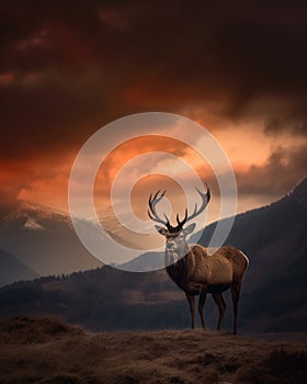 Dramatic sunset over mountain range with red deer stag