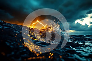 A dramatic sunset over the ocean with a burst of light breaking through the dark clouds