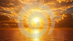 Dramatic sunset over the ocean with golden rays of light piercing through the clouds