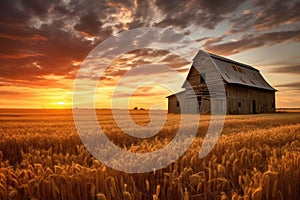 Dramatic sunset over an old barn in a wheat field, An old rustic barn in wheat field under setting sun, AI Generated
