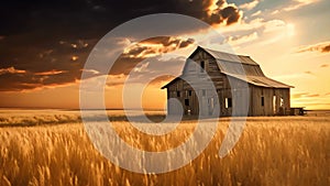 Dramatic sunset over an old barn in a wheat field, An old rustic barn in wheat field under setting sun, AI Generated