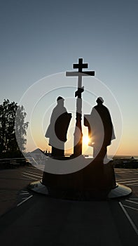 Dramatic sunset over orthodox church Jesus Christ Resurrection iin Russia