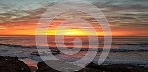 Dramatic Sunset over Pacific Ocean - Waves Crashing on the Rocks