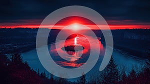 Dramatic sunset over a river, island reflection