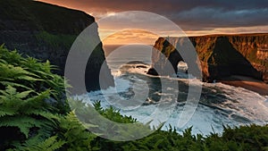 Dramatic Coastal Sunset at Ocean Archway with Lush Greenery